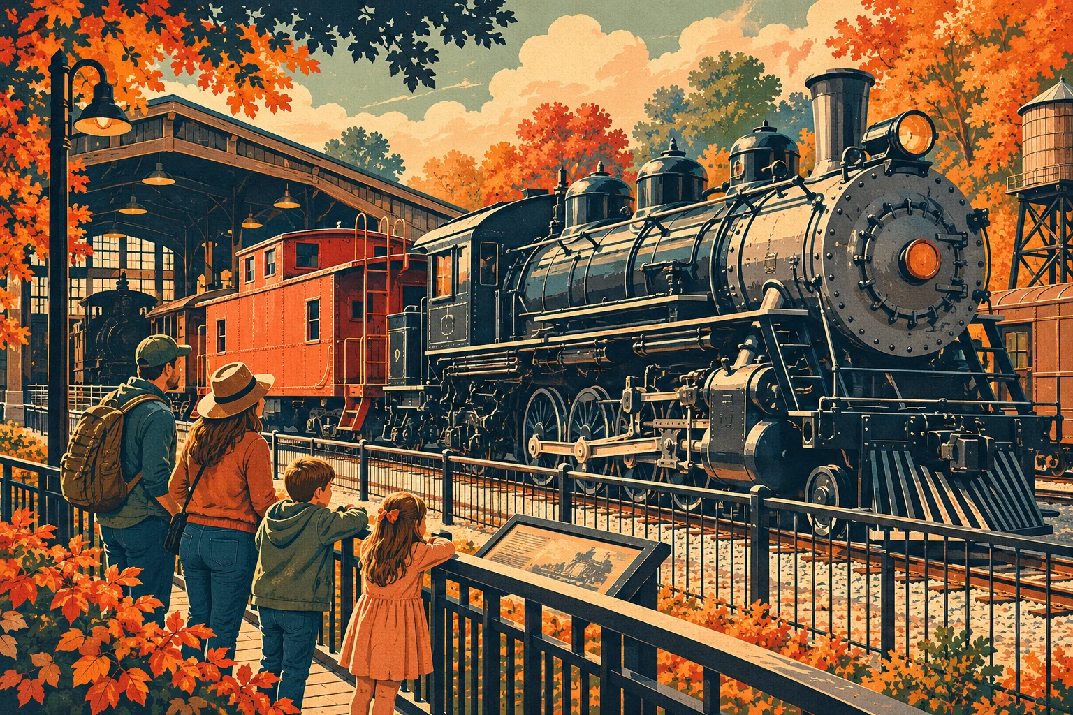 Conceptual Southeastern Railway Museum illustration showing a family viewing a locomotive and caboose