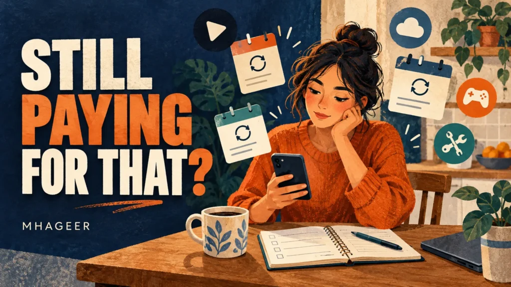 AI-generated illustration of a person reviewing recurring subscriptions on a phone beside a notebook and coffee, with Still Paying for That headline.