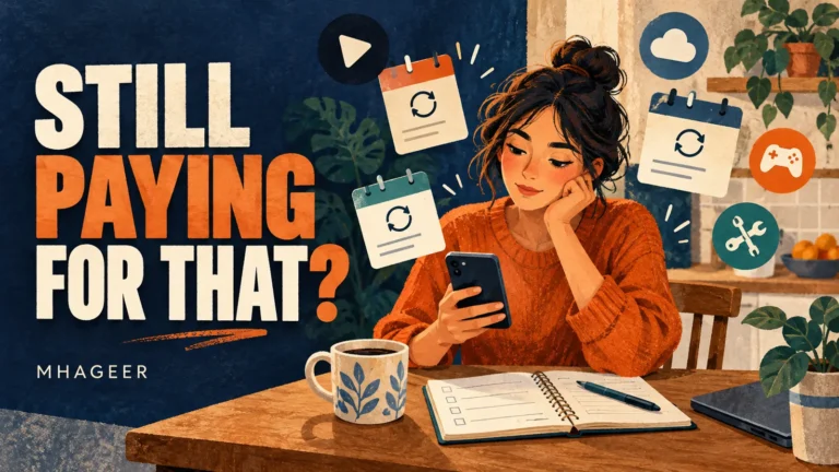 AI-generated illustration of a person reviewing recurring subscriptions on a phone beside a notebook and coffee, with Still Paying for That headline.