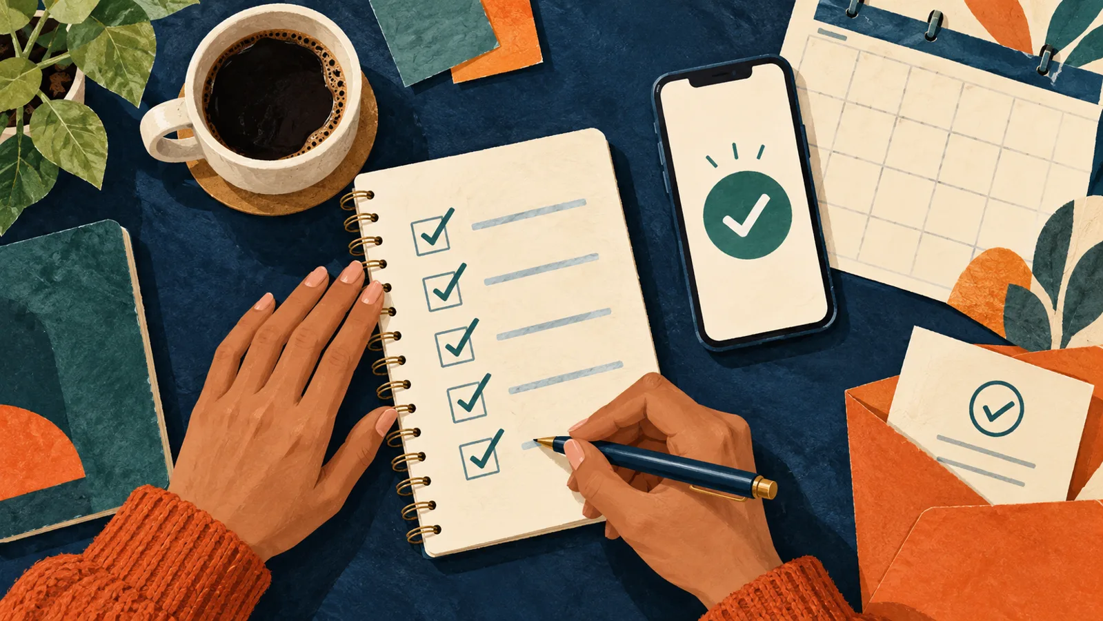 AI-generated illustration of hands checking a subscription review list beside a phone displaying a confirmation checkmark.