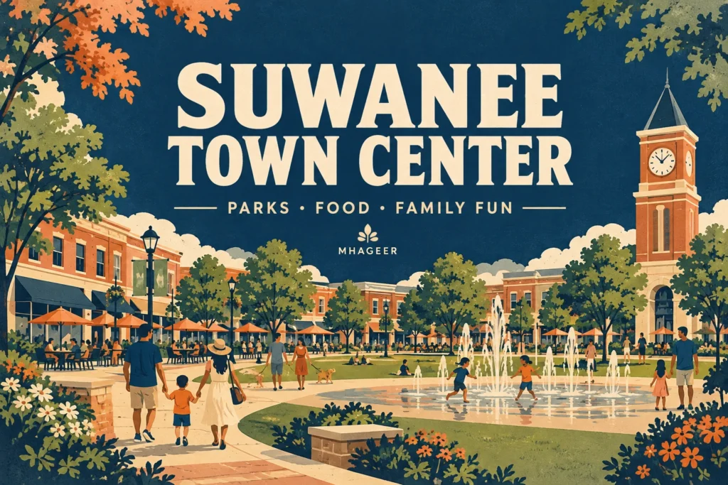 Mhageer Suwanee Town Center illustrated cover with Parks, Food and Family Fun text