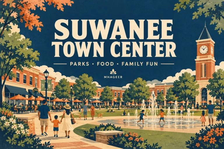 Mhageer Suwanee Town Center illustrated cover with Parks, Food and Family Fun text