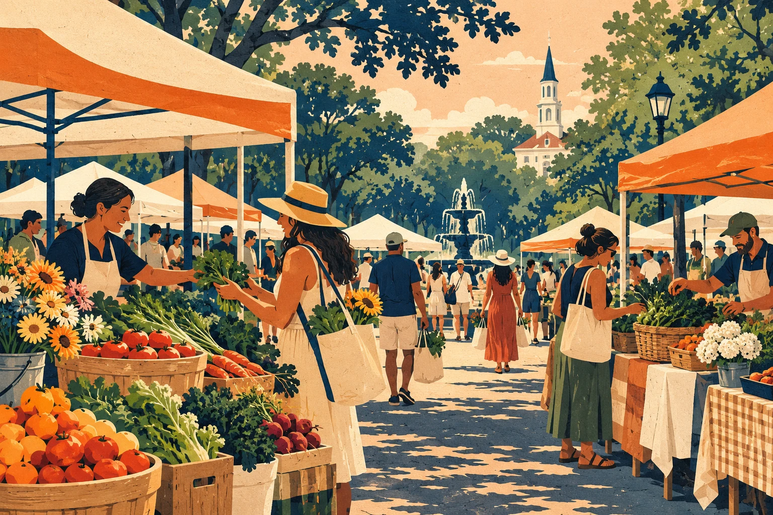 Mhageer conceptual illustration of shoppers browsing produce at an outdoor Georgia farmers market