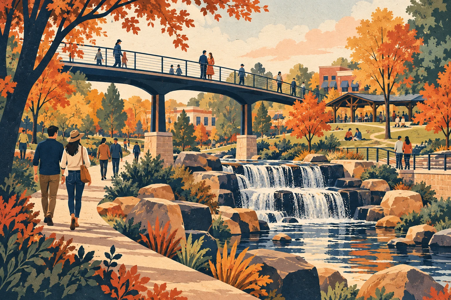 Mhageer conceptual illustration of a park walkway, waterfall and autumn trees