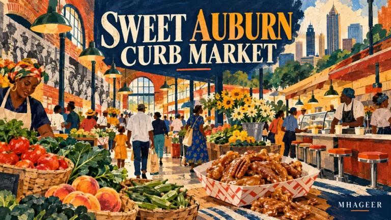 AI-generated Sweet Auburn Curb Market editorial cover with illustrated shoppers, produce, pralines, and Atlanta skyline.