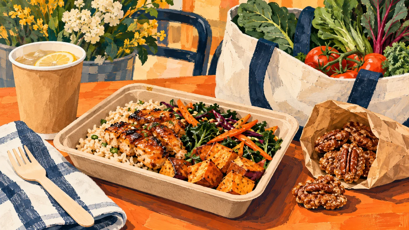 AI-generated illustration of a takeaway lunch, pralines, a drink, and a tote of fresh produce.