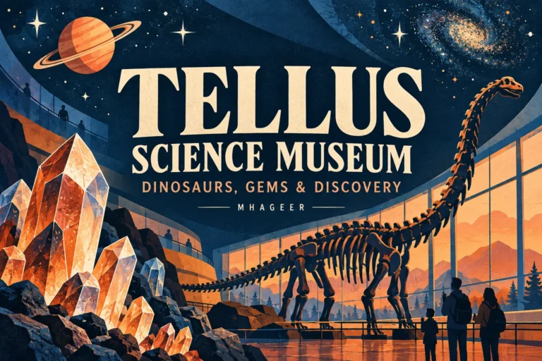 Tellus Science Museum conceptual cover with dinosaur skeleton, crystals, and Dinosaurs, Gems and Discovery title