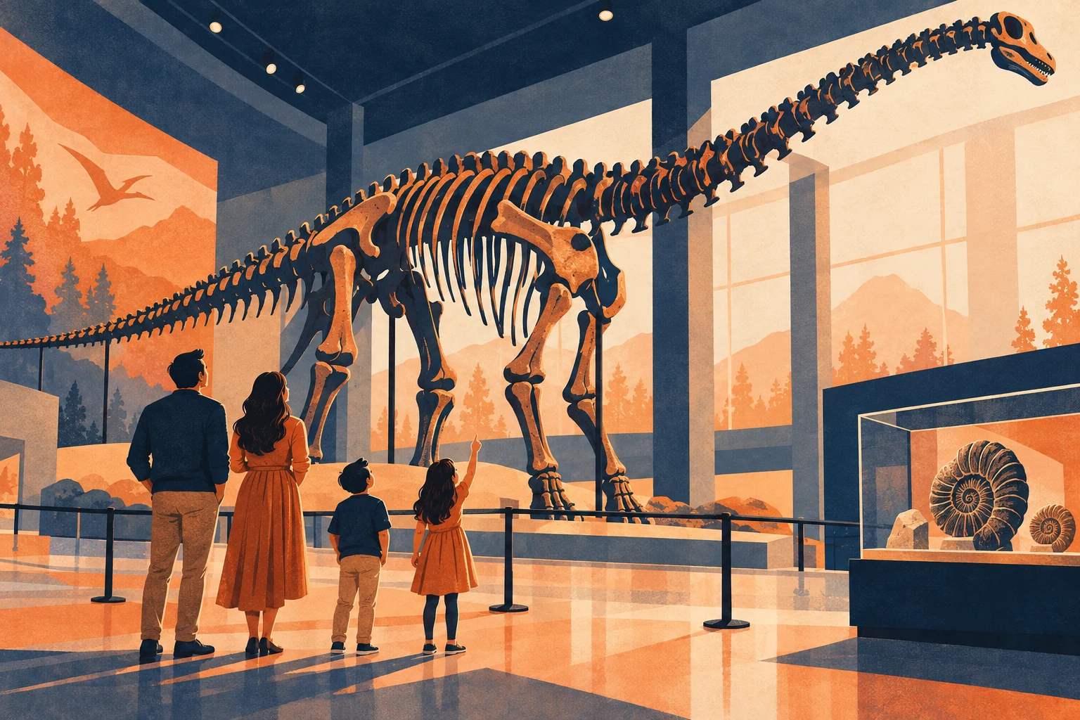 Conceptual illustration of a family viewing a long-neck dinosaur skeleton and ammonite fossils in a science museum