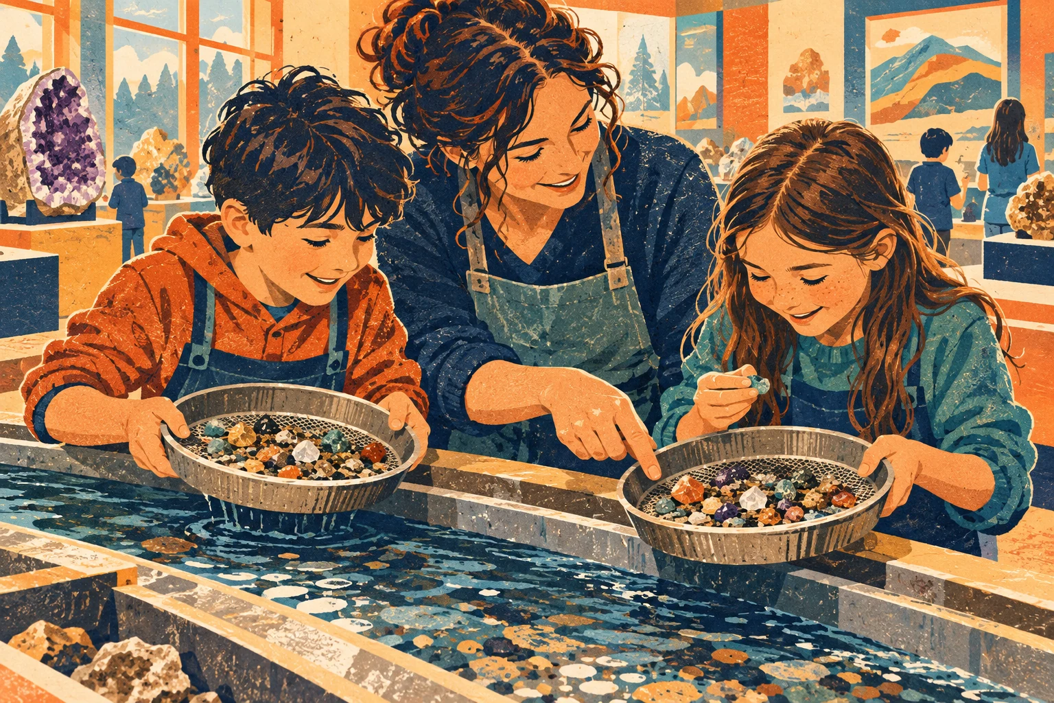 Conceptual illustration of children and an adult examining colorful stones in gem-panning trays